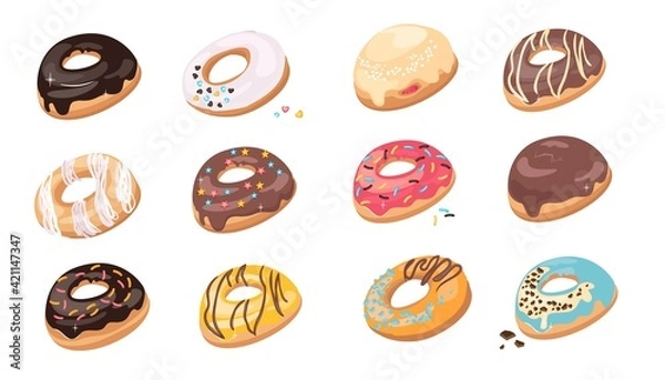 Obraz Donuts Set Isolated on White Background. Donuts in colorful glaze. Kids sweets assorted. Top View