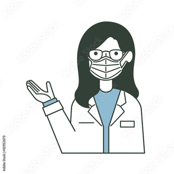 Fototapeta マスクをして案内する白衣の女性