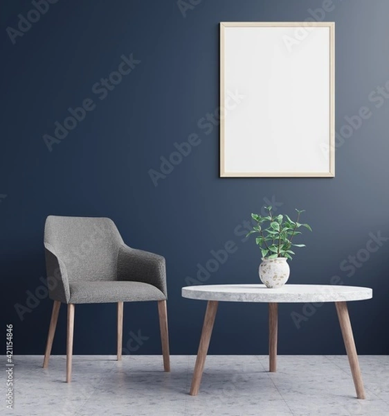Fototapeta Living room with a picture frame on the dark blue walls, decorated with flowers and armchairs on concrete.3d rendering.