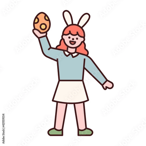 Fototapeta Easter characters. A girl is holding an Easter egg in her hand. flat design style minimal vector illustration.