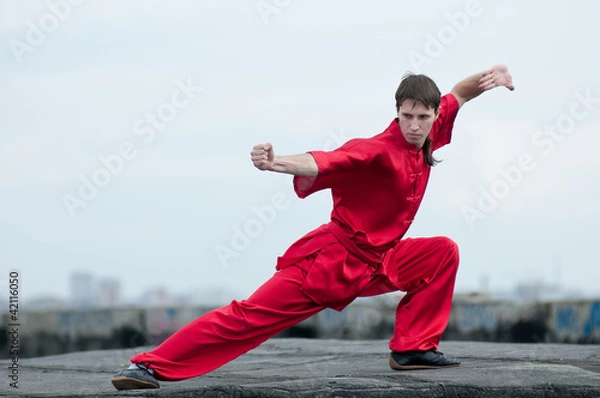 Fototapeta Wushoo man in red practice martial art
