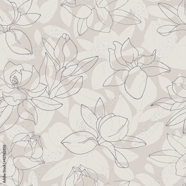 Fototapeta Seamless pattern with blooming magnolias. Contour flowers on a beige background.