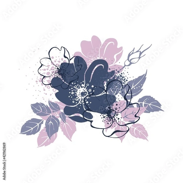Fototapeta Image of blooming rosehip flowers in gray and pink colors. Flat vector illustration. Artistic graphics.