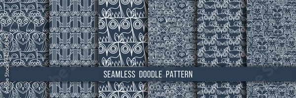 Fototapeta Set of seamless doodle owl patterns. Cute print collection for kids, scrap and other
