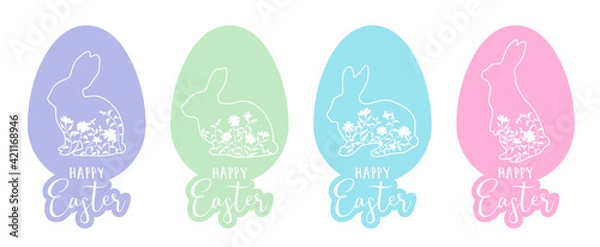 Fototapeta Set of Easter egg with bunny silhouettes and text Happy Easter. Outline rabbits shadow in profile with grass and flowers. Vector illustration in linear style in pastel colors