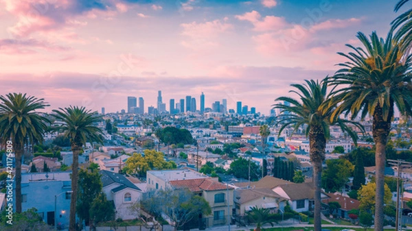 Fototapeta Beautiful sunset of Los Angeles downtown skyline and palm trees