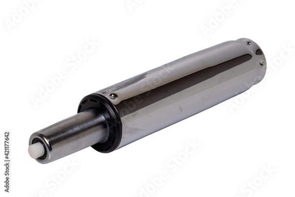 Obraz Components of an office chair. Closeup of a gas lift or gas pressure spring for a office chair isolated on a white background. Shock absorber computer chair. Clipping path. Macro.