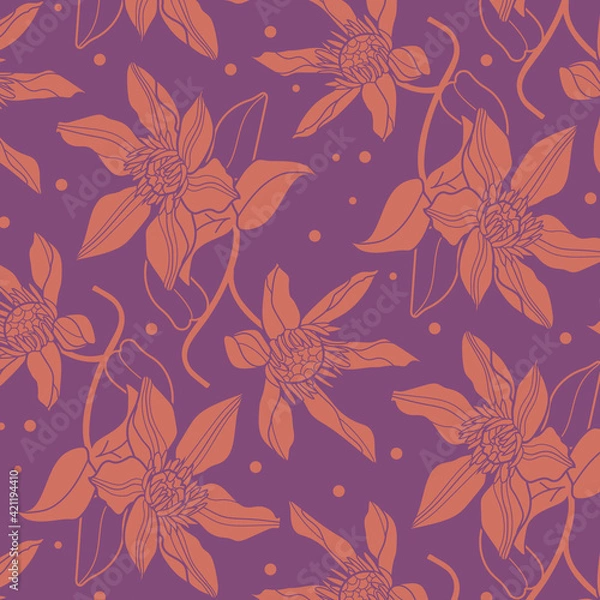 Obraz Clematis Seamless vector flower pattern on purple background. Flat style illustration