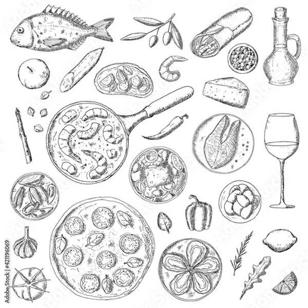 Fototapeta Mediterranean food. Vector illustrations. Isolated objects on white.