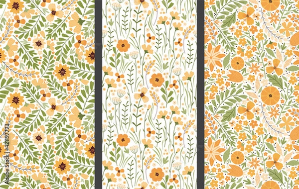 Fototapeta Set of vector floral seamless patterns. Blooming summer meadow. Colorful different yellow wildflowers, leaves and stems on a white background. Liberty millefleurs. Hand drawn vector illustration.