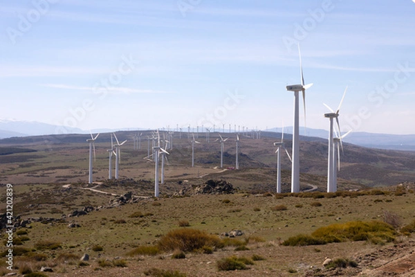 Fototapeta Clean electricity producing wind turbines built on a windy mountain ridge