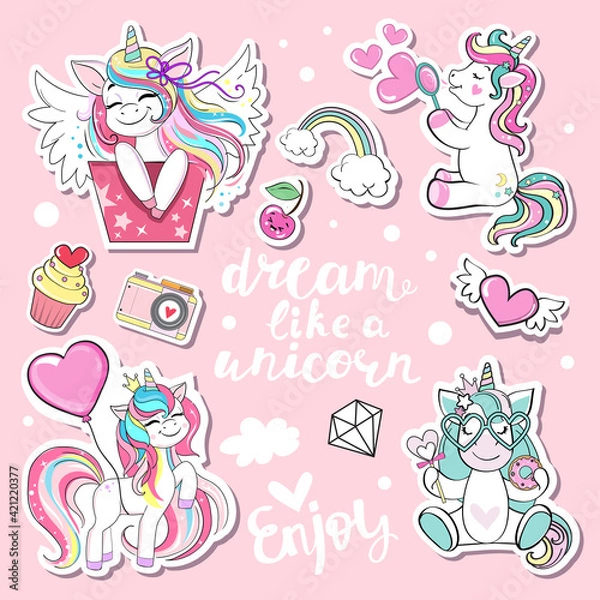 Obraz Collection of cartoon unicorns and lettering Dream like a unicorn. Modern patch badges. Funny animals for birthday