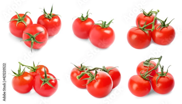 Fototapeta Set with fresh organic cherry tomatoes on white background. Banner design