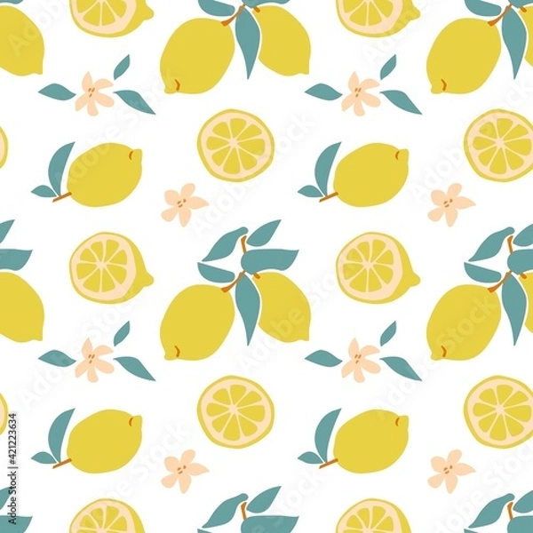 Fototapeta Seamless pattern of fresh fruit yellow lemon with green leaf, flower, slice in hand drawing style isolated on white background. Vector flat illustration.Design for textile, wallpaper, wrapping