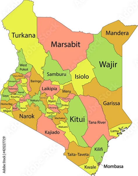 Fototapeta Pastel vector map of the Republic of Kenya with black borders and names of its counties