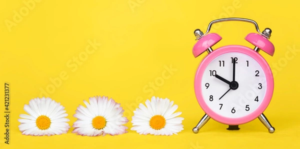 Fototapeta Banner of daisy flowers and clock watch on yellow background. Spring forward, springtime or summer concept.