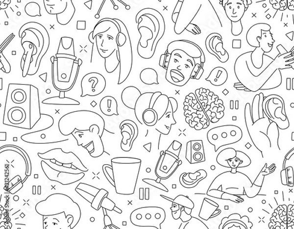 Fototapeta Radio host flat vector illustration seamless pattern. Media doodle drawing.