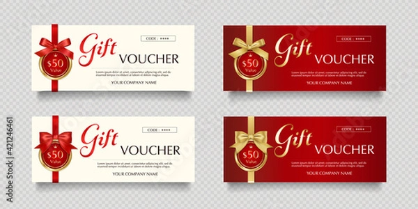 Fototapeta 赤と金色のリボンとラベルのギフト券のベクターイラストセット