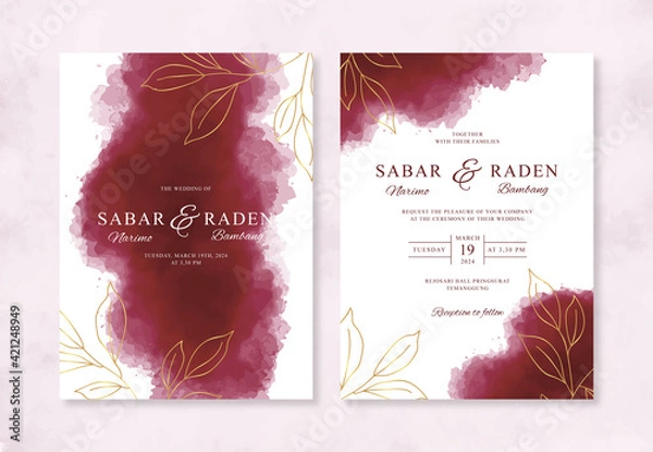 Obraz Elegant wedding invitation with watercolor splash and gold hand drawn