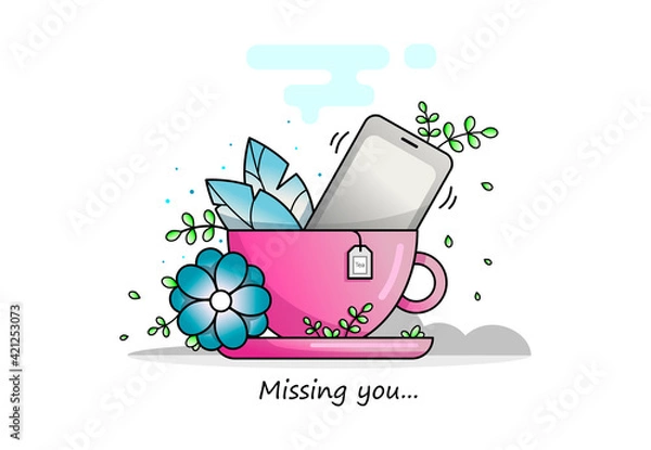 Fototapeta A beautiful cup of tea, delicate colors, a ringing phone, an invitation to a cup of tea.Tea cup on white background. Vector, illustration. Telephone symbol. Smartphone technology. Mobile phone.