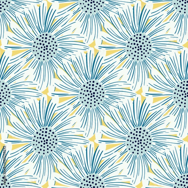 Fototapeta Blue and white colored daisy flowers silhouettes seamless pattern. Yellow background. Scrapbook nature print.