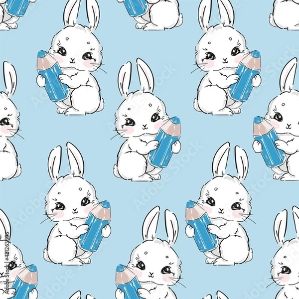 Obraz Seamless Pattern Cute rabbit holding a pencil print design rabbit background. Vector Design print Textile for Kids
