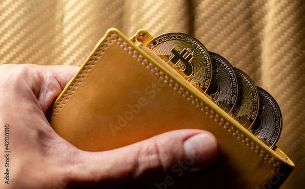 Obraz Mão segurando carteira cheia de tokens de Bitcoins. Criptomoedas ouro e prata com fundo desfocado.