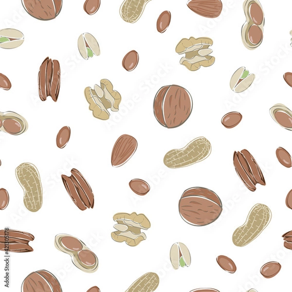Obraz Vector Nuts Walnuts Pecans Almonds Peanuts Pistachios Scattered on Biege Background Seamless Repeat Pattern. Background for textiles, cards, manufacturing, wallpapers, print, gift wrap and