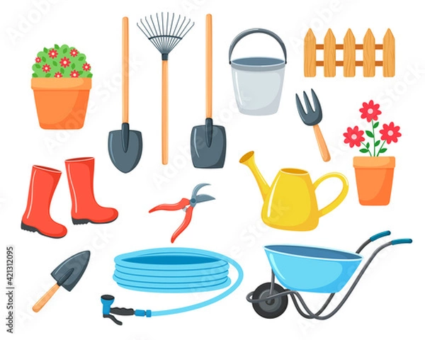 Fototapeta Set of vector illustrations for the garden. collection of items for agriculture in cartoon style. Isolated on white background. Watering can, boots, garden wheelbarrow, shovels, flowers, hose, bucket
