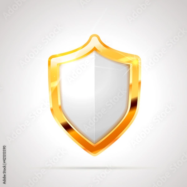 Fototapeta Bright metal golden glossy shield with white blank space on white