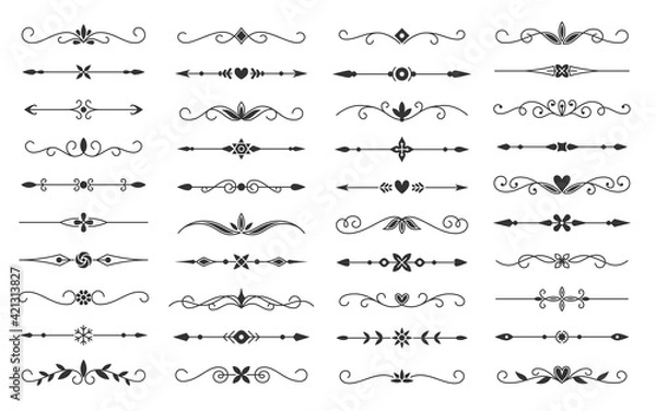 Fototapeta Vintage divider set. Retro doodle black thin line ornate design element collection for wedding invitation text frame, greeting card, web banner. Victorian floral pattern typographic flourish separator