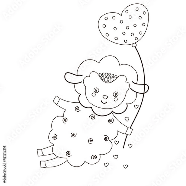Fototapeta Cute black and white children's cartoon illustration of a little lamb flying with a heart-shaped balloon in a Scandinavian style. For coloring book or page. Vector.