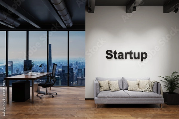 Fototapeta modern luxury loft with skyline view and single vintage couch, wall with startup lettering, 3D Illustration