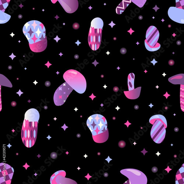 Obraz Seamless pattern with magic mushrooms on a dark background. Fantastic, unreal, mystical, alien mushrooms. Vector illustration