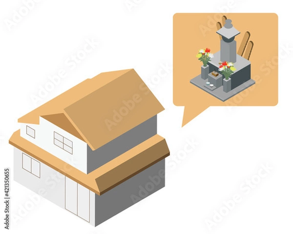 Fototapeta 自宅墓　2階建て　五輪塔　アイソメ