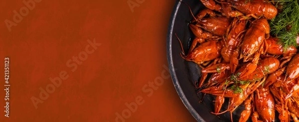 Obraz A pile of tasty boiled crawfish. Boiled red crayfish or crawfish with  herbs. Crayfish party, restaurant, cafe, pub menu.