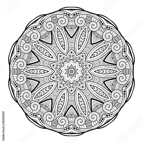 Fototapeta Vector Monochrome Mandala. Ethnic Decorative Element. Round Abstract Object Isolated On White Background