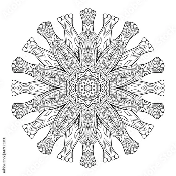 Fototapeta Vector Monochrome Mandala. Ethnic Decorative Element. Round Abstract Object Isolated On White Background