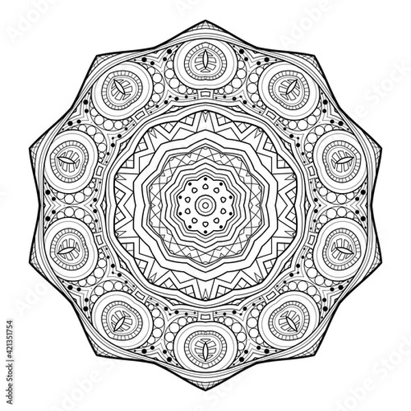 Fototapeta Vector Monochrome Mandala. Ethnic Decorative Element. Round Abstract Object Isolated On White Background