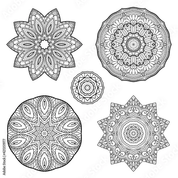 Fototapeta Vector Monochrome Set of Mandalas. Round Abstract Objects Isolated On White Background. Ethnic Decorative Element