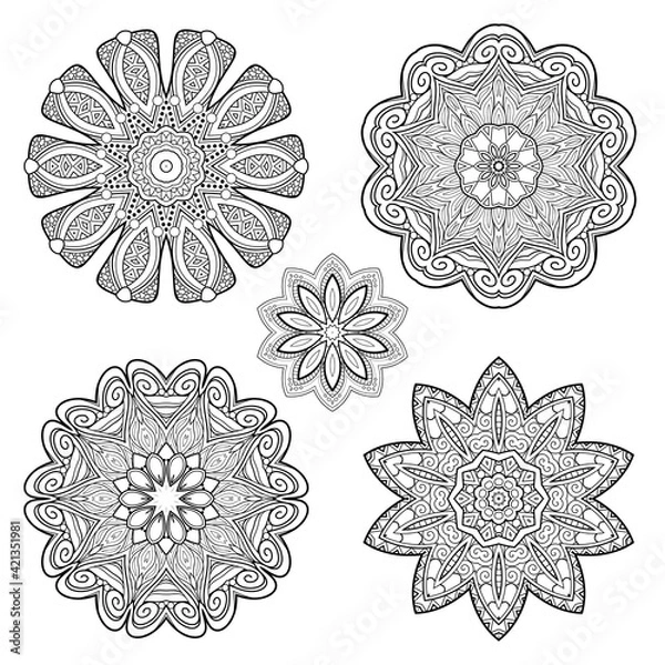 Fototapeta Vector Monochrome Set of Mandalas. Round Abstract Objects Isolated On White Background. Ethnic Decorative Element
