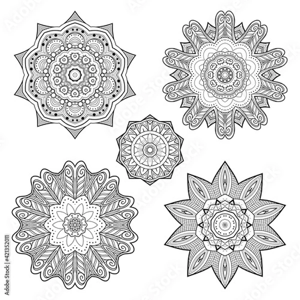 Fototapeta Vector Monochrome Set of Mandalas. Round Abstract Objects Isolated On White Background. Ethnic Decorative Element