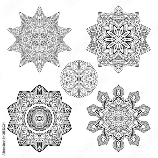 Fototapeta Vector Monochrome Set of Mandalas. Round Abstract Objects Isolated On White Background. Ethnic Decorative Element