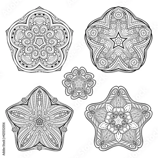 Fototapeta Vector Monochrome Set of Stars. Abstract Objects Isolated On White Background. Ethnic Decorative Element