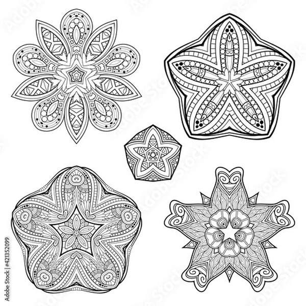 Fototapeta Vector Monochrome Set of Stars. Abstract Objects Isolated On White Background. Ethnic Decorative Element