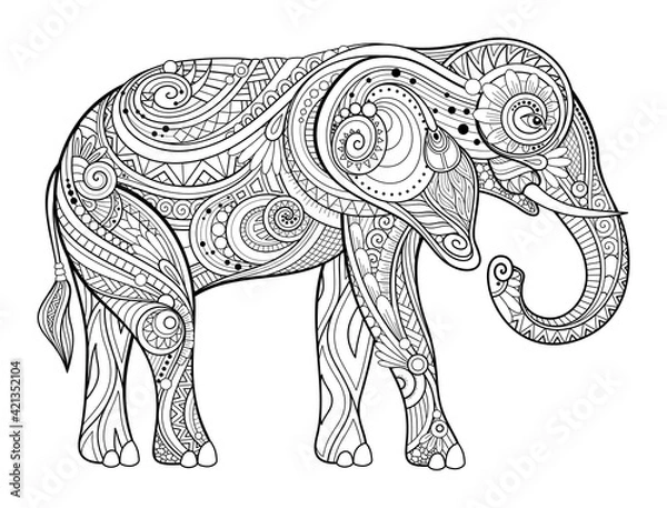 Fototapeta Vector Decorative Monochrome Elephant. Animal Isolated On White Background. For Coloring Book