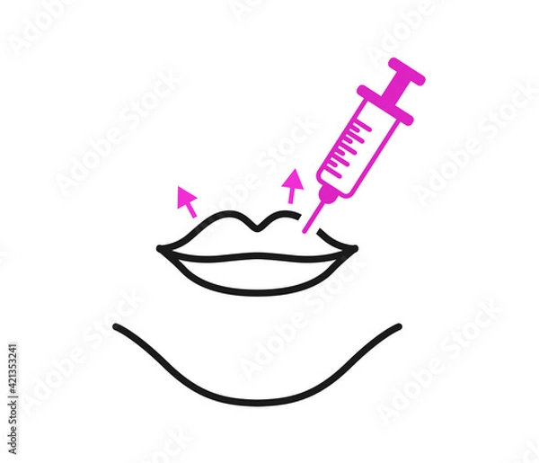 Fototapeta Lips, beauty salon concept, Lips and botox injection sign on white background. Lip cosmetology injection icon for mobile. Vector graphics.
