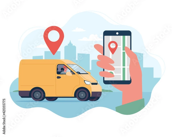Obraz Home delivery service concept. Delivery van, courier on a truck. Website template with flat vector illustrations. Cargo location tracking application.