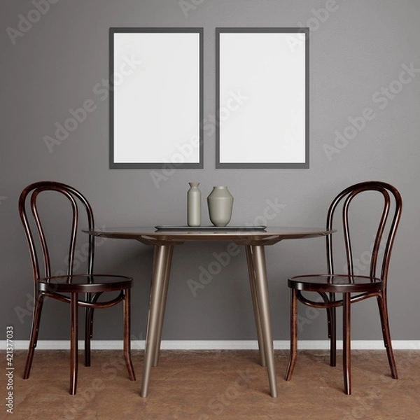 Fototapeta 
Environment for ecommerce with decorative frames with dining table with classic chairs modern ceramic vases.
