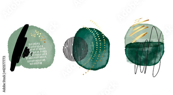 Fototapeta Green watercolor acrylic ink emerald shapes, contrast geometric print with gold elements. Minimalist deep green graphic canvas, abstract decoration vector